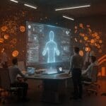 Inversión de Google Ventures en Synthesia con IA aplicada a formación corporativa y automatización, representado por hologramas y redes neuronales en tonos naranja y negro.