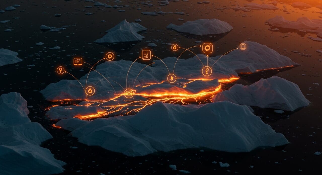 Paisaje aéreo de Groenlandia mostrando minerales críticos bajo el hielo y su influencia en la energía limpia y la geopolítica tecnológica.