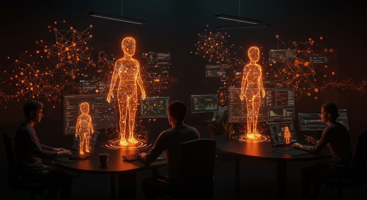 Equipo de desarrollo colaborando con agentes IA open source para optimizar proyectos y conocimiento compartido.