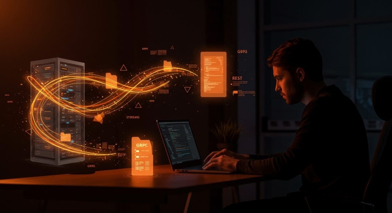 Comparativa visual de transferencia de archivos entre gRPC y REST API con énfasis en optimización y performance en C# para startups.