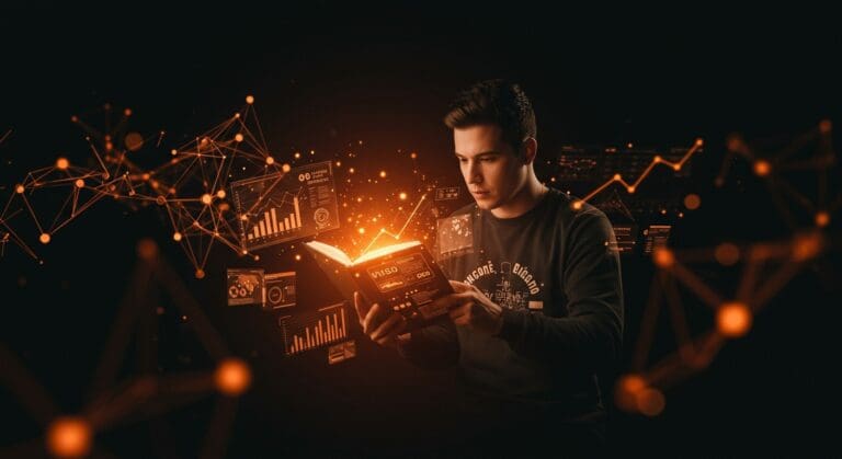 Fundador de startup interactuando con un playbook digital futurista que ilustra la distribución y crecimiento en IA con influencia de GTMfund en LATAM.