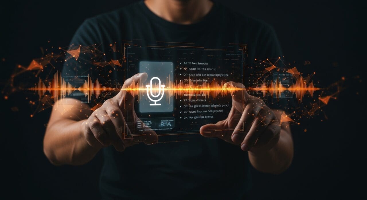 App open source de speech-to-text offline mostrando automatización y privacidad en startups con interfaz holográfica y ondas de sonido digitales.