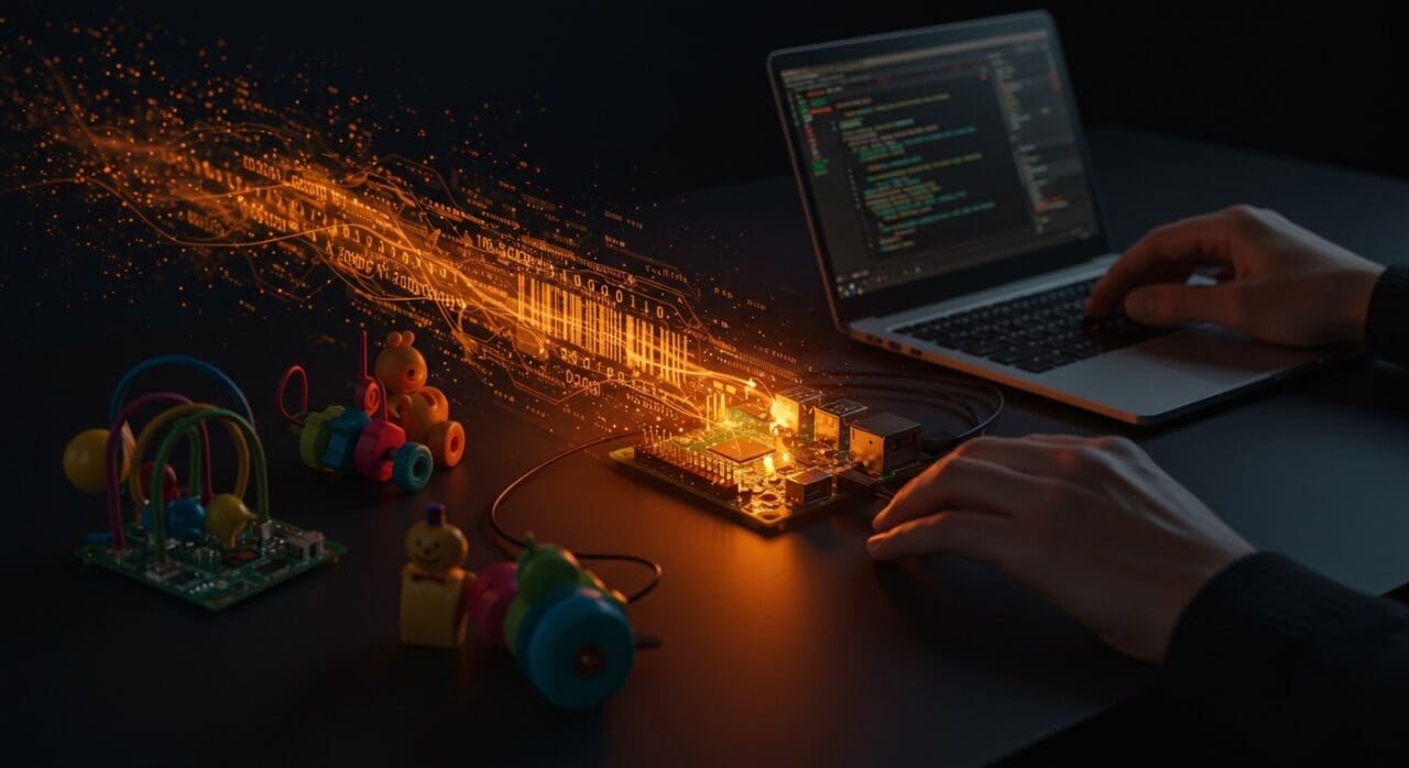 Hardware hacking en juguetes infantiles con Raspberry Pi y firmware modificado para automatización en startups tecnológicas.