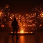 Soldado futurista con interfaz holográfica de inteligencia artificial representando la innovación y financiación de Harmattan AI en defensa.