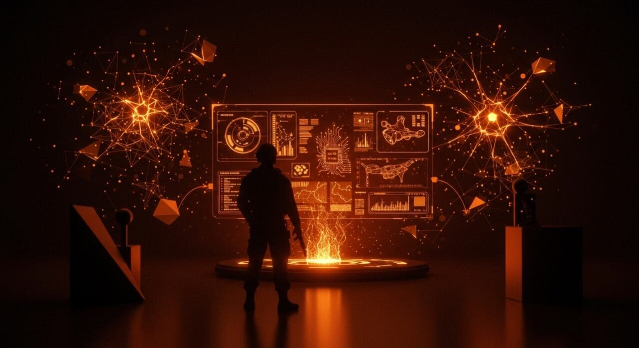Soldado futurista con interfaz holográfica de inteligencia artificial representando la innovación y financiación de Harmattan AI en defensa.