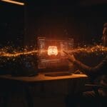 Interfaz holográfica de IA aplicada para transcripción y resumen en reuniones de Discord, mejorando la productividad de founders con herramientas SaaS.