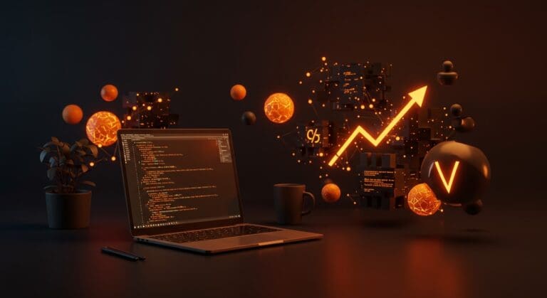 Lenguaje de programación open source Herd representado con código minimalista y elementos visuales de innovación y desarrollo tecnológico en tonos naranja y negro.