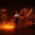 Emprendedora frente a gráficos de valuación unicornio y redes neuronales de video IA simbolizando financiación y crecimiento en startups tecnológicas.