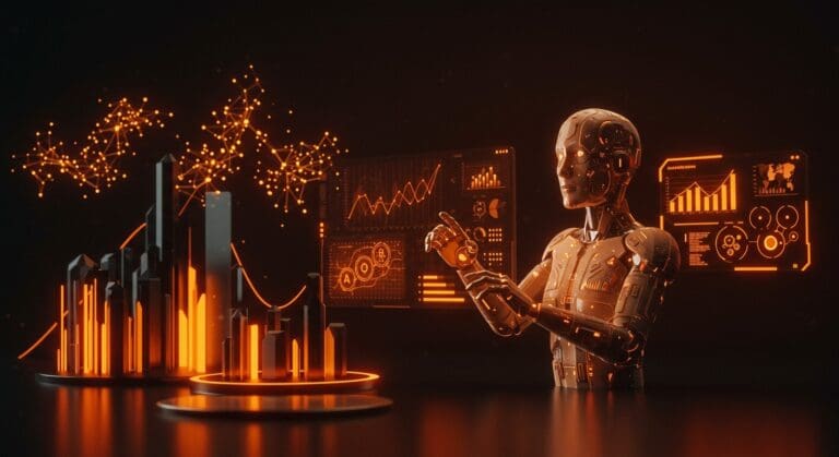 Representación visual de agentes IA en marketing digital y automatización mostrando escalabilidad y modelos de lenguaje avanzados.