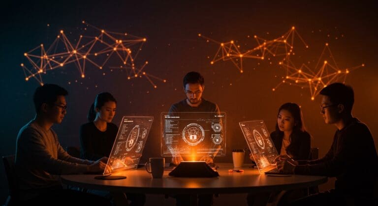 Founders tecnológicos colaborando en hosting descentralizado con PeerWeb y WebTorrent, con énfasis en seguridad y resistencia a la censura en tecnologías web3.