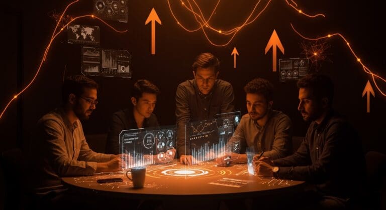 Fundadores fintech colaborando ante mesas digitales futuristas con gráficos de hubs de innovación y crecimiento de startups en Latinoamérica 2026.