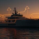 Barco eléctrico Hull 096 simbolizando innovación tecnológica y sostenibilidad en transporte marítimo con iluminación naranja y negra.