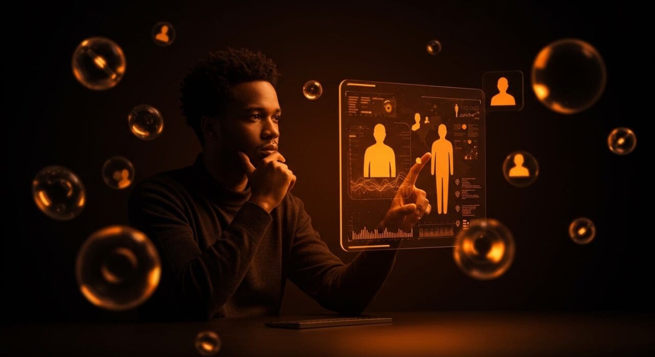 Diseñador interactuando con interfaz modeless futurista que representa la computación humana y el legado de Jef Raskin en startups tecnológicas.