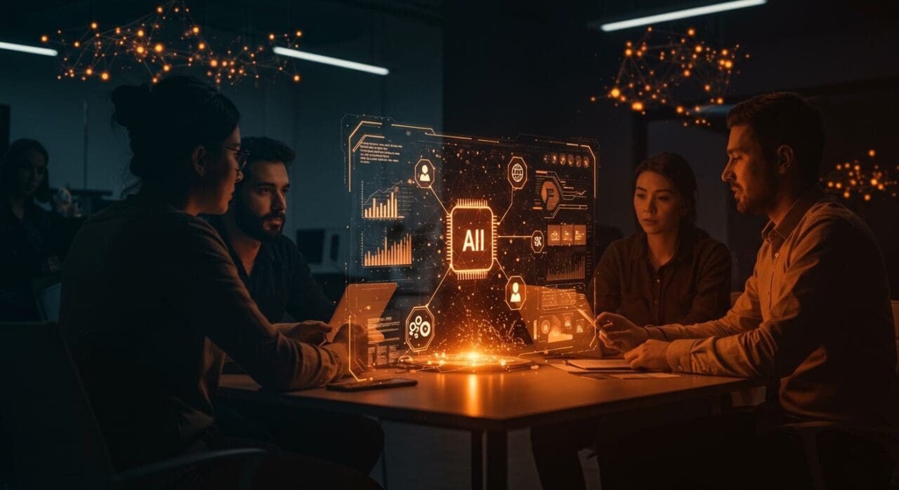 Colaboración tecnológica y coordinación impulsada por IA aplicada en startups latinas con un equipo trabajando en modelos de inteligencia artificial.