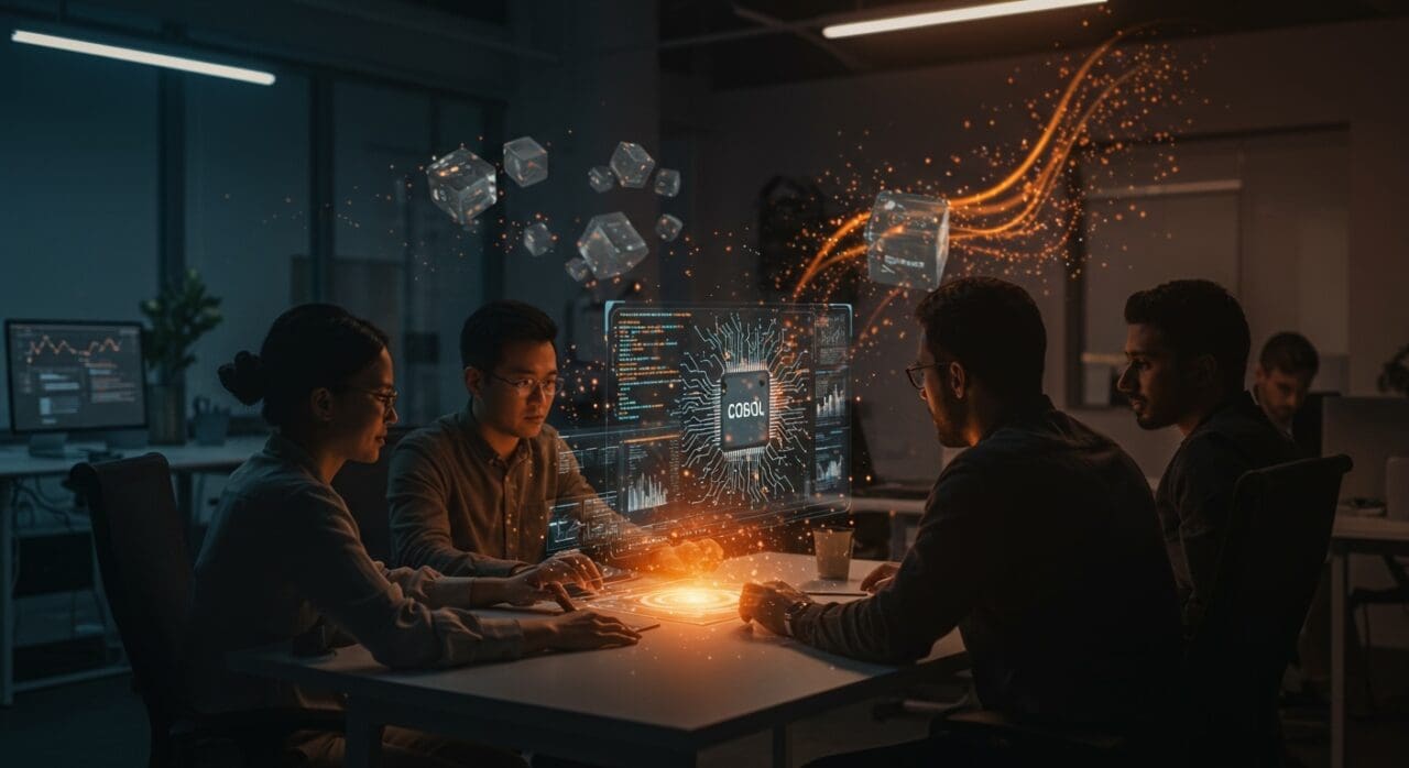 Ingenieros fundadores trabajando en IA y COBOL en una startup de modernización de sistemas legacy con ambiente tecnológico innovador.