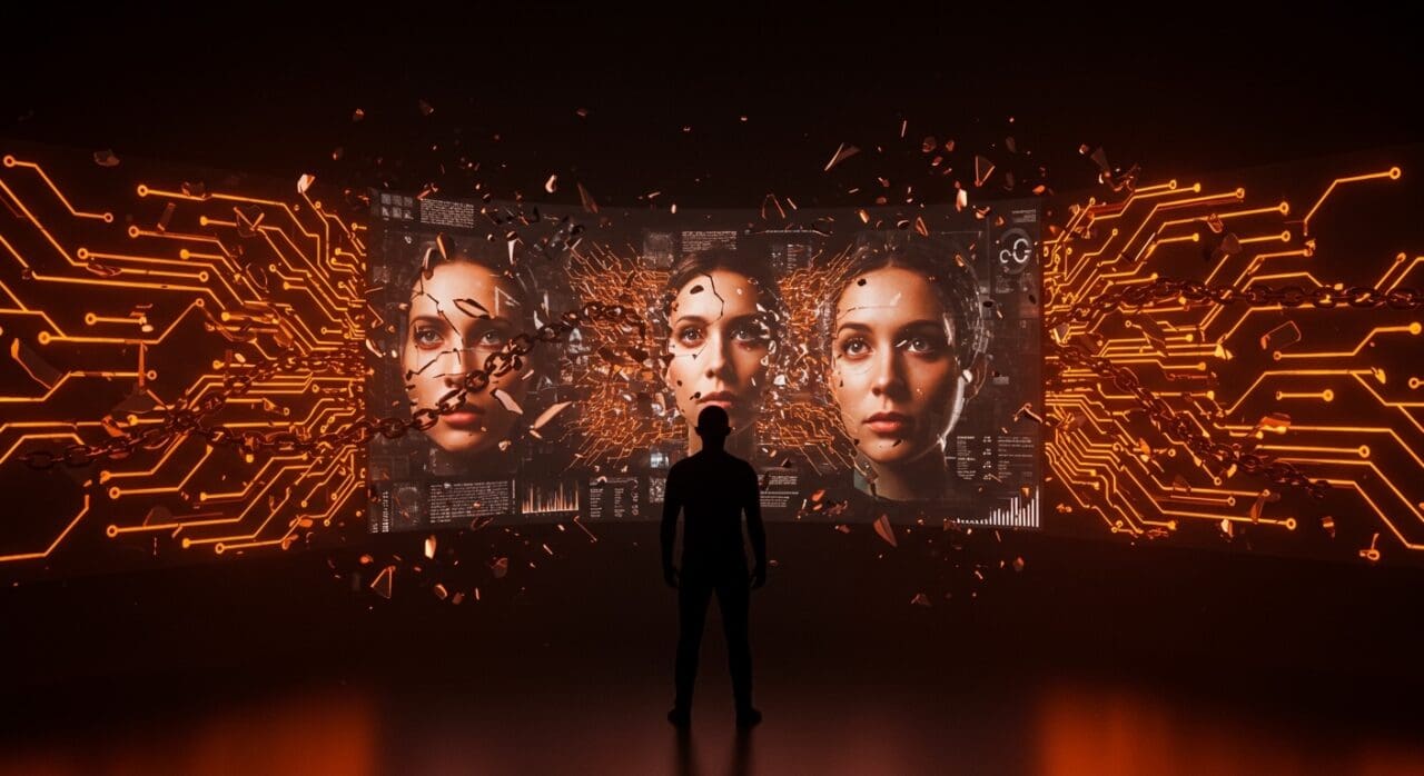 Representación visual de IA aplicada y abuso digital en redes sociales con énfasis en deepfakes y ética en tecnología para startups LATAM.