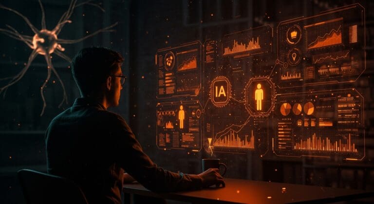 Fundador tech interactuando con automatización e inteligencia artificial aplicada en startups, simbolizando productividad y aprendizaje real.