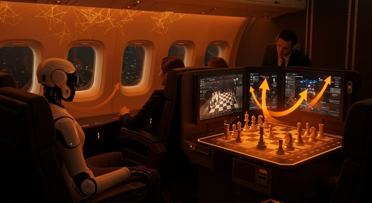Bot de ajedrez competitivo de Delta Air Lines en acción, demostrando IA aplicada en entretenimiento aéreo con tecnología avanzada dentro de un avión.