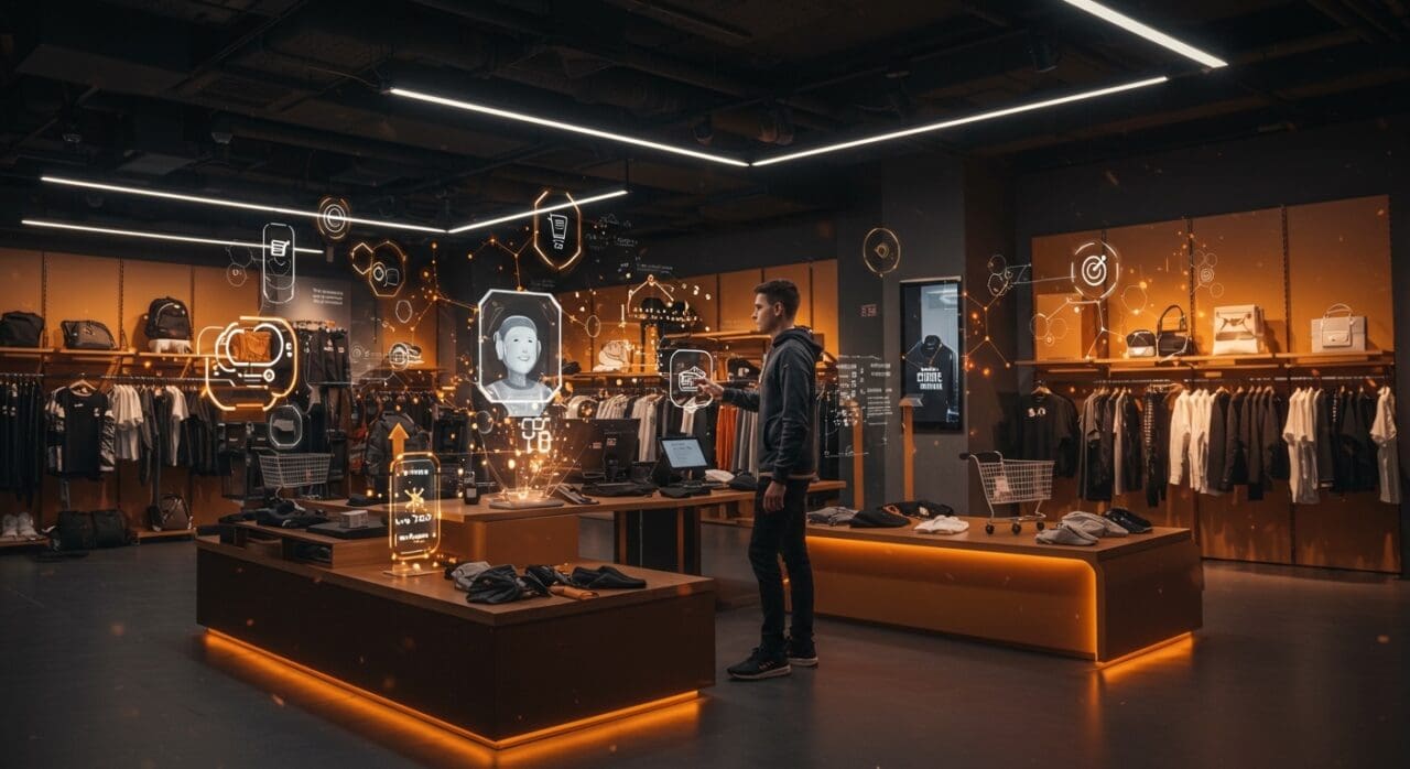 Escena futurista en tienda JD Sports con IA aplicada y chatbots, simbolizando innovación y tendencias en retailtech.