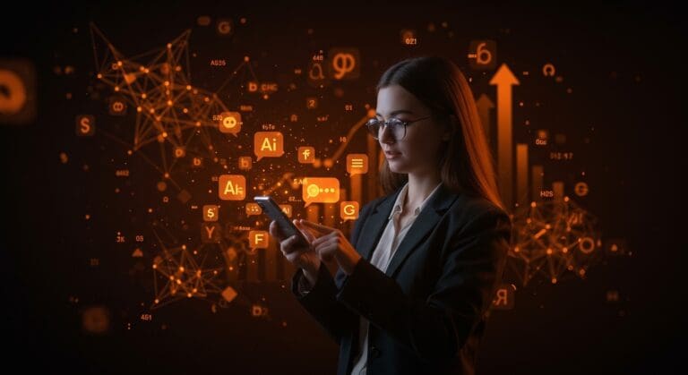 Imagen editorial de IA conversacional para práctica de idiomas mostrando una app móvil innovadora en un entorno tecnológico naranja y negro, destacando aprendizaje de idiomas y startups EdTech.