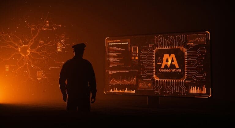 Jefe policial de West Midlands frente a interfaz digital con errores de IA generativa, ilustrando ética y riesgos en la decisión automatizada.