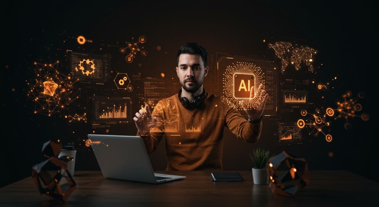 Desarrollador de software interactuando con hologramas de IA generativa que simbolizan productividad y desarrollo sostenible en tecnología.