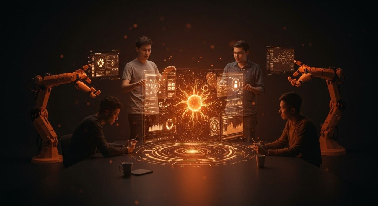 Equipo de startup colaborando con holograma de IA generativa y machine learning en ambiente tecnológico innovador.