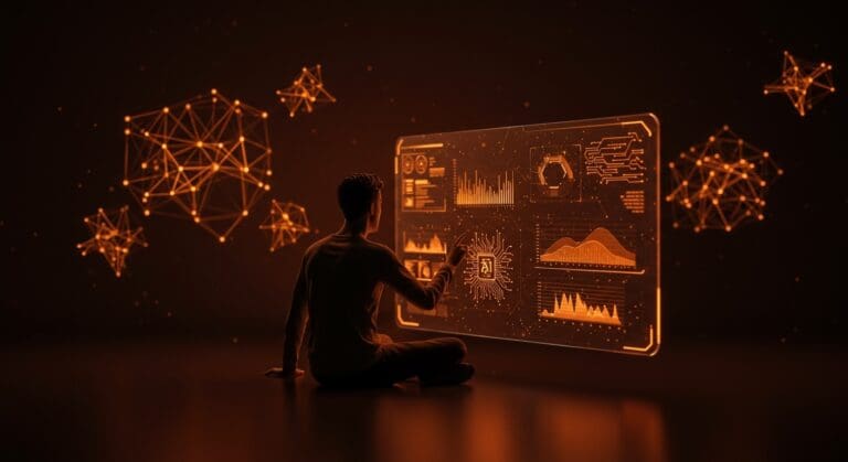 Figura contemplativa interactuando con interfaz digital que muestra algoritmos de IA para medir manipulación e intención del usuario en contexto ético y regulatorio.