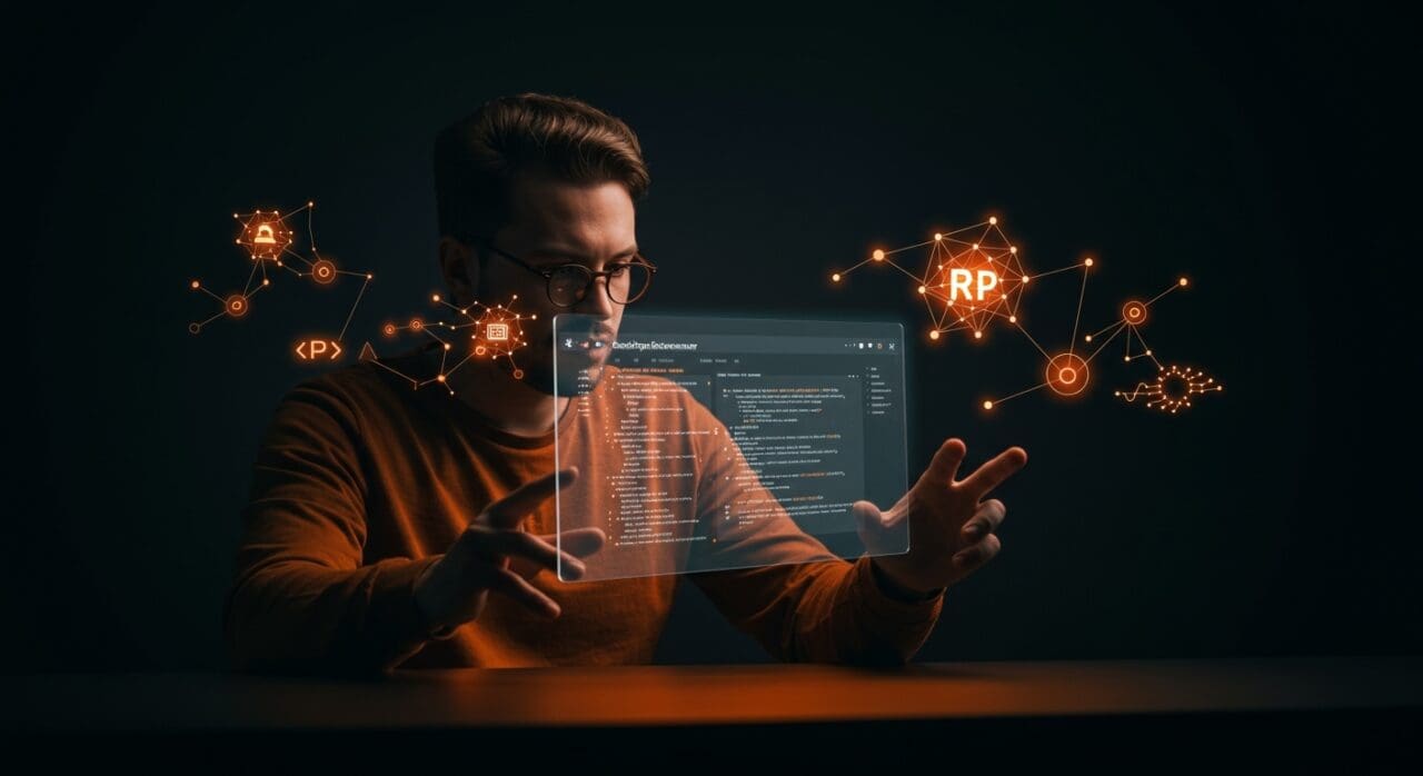 Founder tecnológico analizando interfaz de navegador web impulsado por IA en un entorno moderno, ilustrando el caso Cursor y el desarrollo de software con IA.