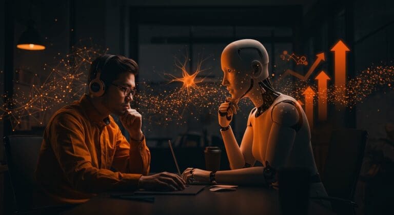 Ingeniero de software colaborando con inteligencia artificial en un entorno startup, simbolizando la transformación laboral tecnológica y innovación en software.