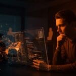 Founder tech supervisando programación asistida por inteligencia artificial, equilibrando automatización y revisión humana en desarrollo de software.