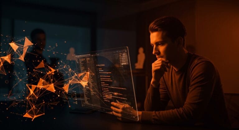 Founder tech supervisando programación asistida por inteligencia artificial, equilibrando automatización y revisión humana en desarrollo de software.