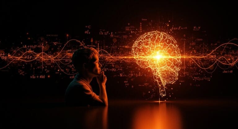 Investigación matemática avanzada y limitaciones de la inteligencia artificial en modelos de lenguaje según Hamkins, representado con símbolos matemáticos y redes neuronales abstractas en paleta naranja y negra.