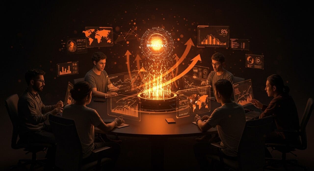 Emprendedores latinos colaborando en tecnología avanzada, simbolizando aceleración, internacionalización y funding de startups con Impacta VC.