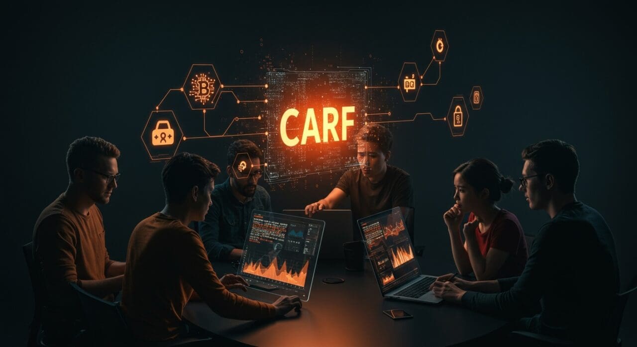 Startups fintech y cripto enfrentando retos del CARF con innovación en automatización KYC y regtech en un entorno colaborativo.