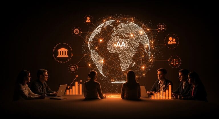 Fundadores y líderes institucionales interactuando con una holografía de red neuronal IA que simboliza la ética, democracia e impacto social en Latinoamérica.