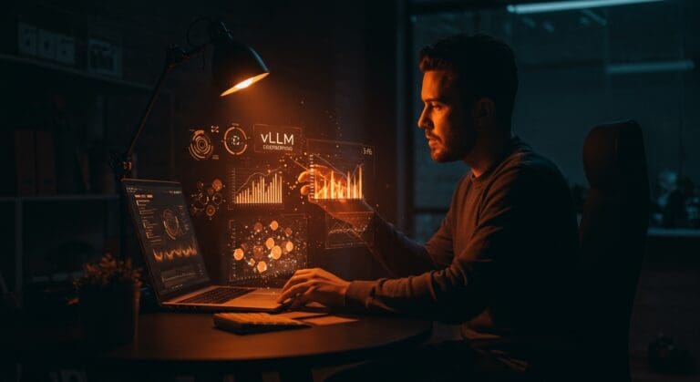 Founder de startup tecnológica analizando datos vLLM en espacio futurista, simbolizando financiamiento y escalabilidad en inteligencia artificial.