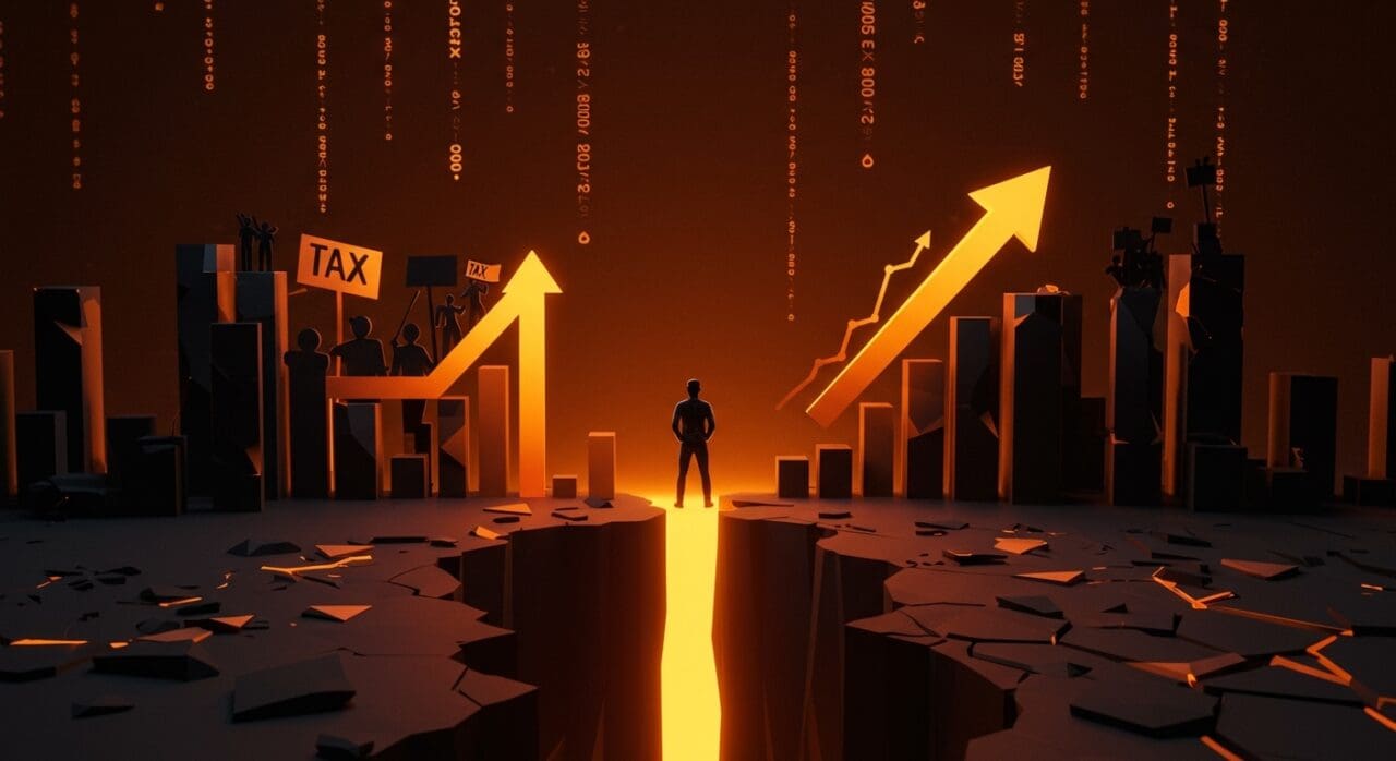 Representación visual de la desigualdad de riqueza y justicia económica para startups LATAM según informe Oxfam 2026.