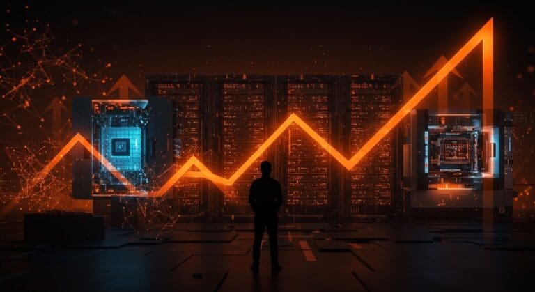 Infraestructura de IA en crecimiento 2026 con startups y actores clave en data centers y chipmakers bajo iluminación naranja y negra.