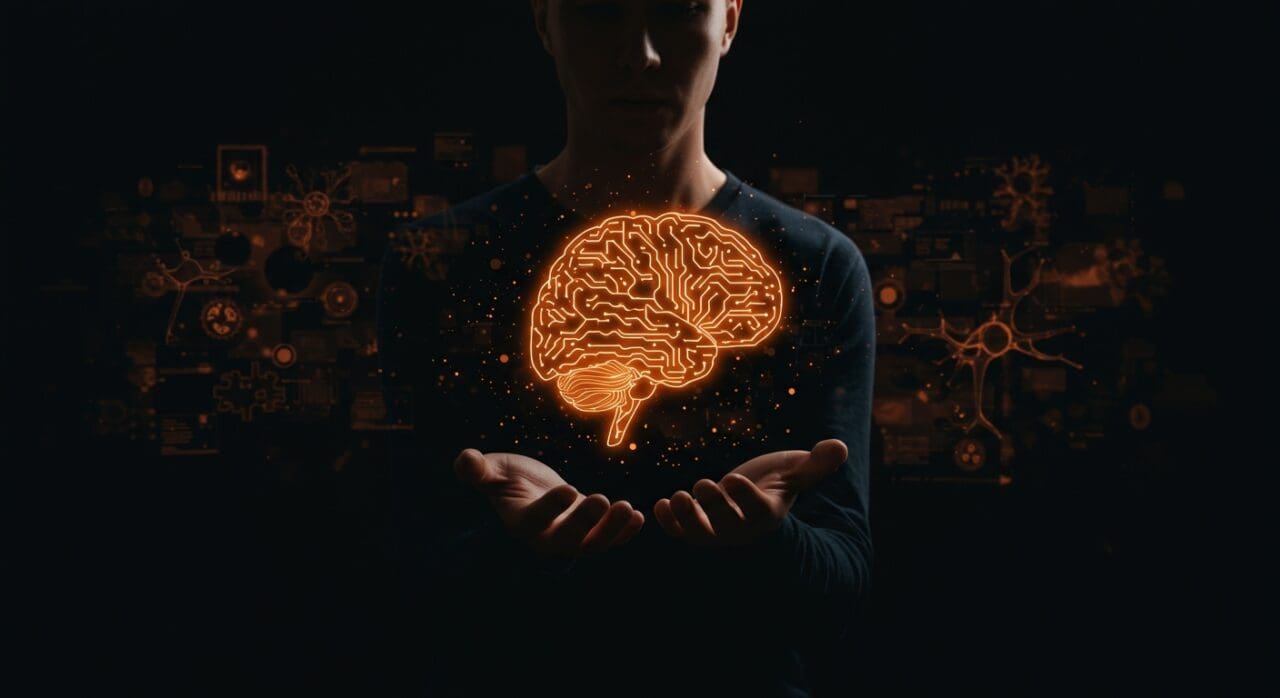 Figura contemplativa con holograma de cerebro digital representando resiliencia mental y sistemas distribuidos aplicados a la esquizofrenia en ingeniería.