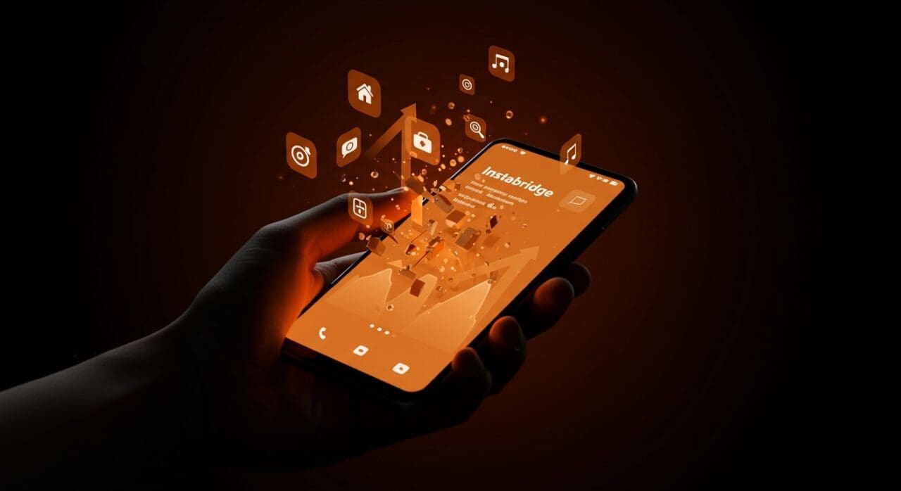 Adquisición de Nova Launcher por Instabridge representada con interfaz Android personalizada y conexiones digitales en tonos naranja y negro, destacando tendencias tecnológicas y modelos de negocio startup.