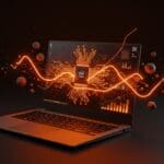 Laptop moderno con gráficos digitales y efectos de luz naranja y negro representando la innovación y rendimiento de los procesadores Intel Panther Lake para laptops Windows.