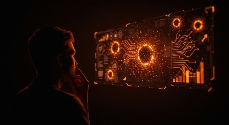 Fundador tech frente a interfaz digital con inteligencia artificial agéntica y gobernanza de IA en contexto de startups y automatización.