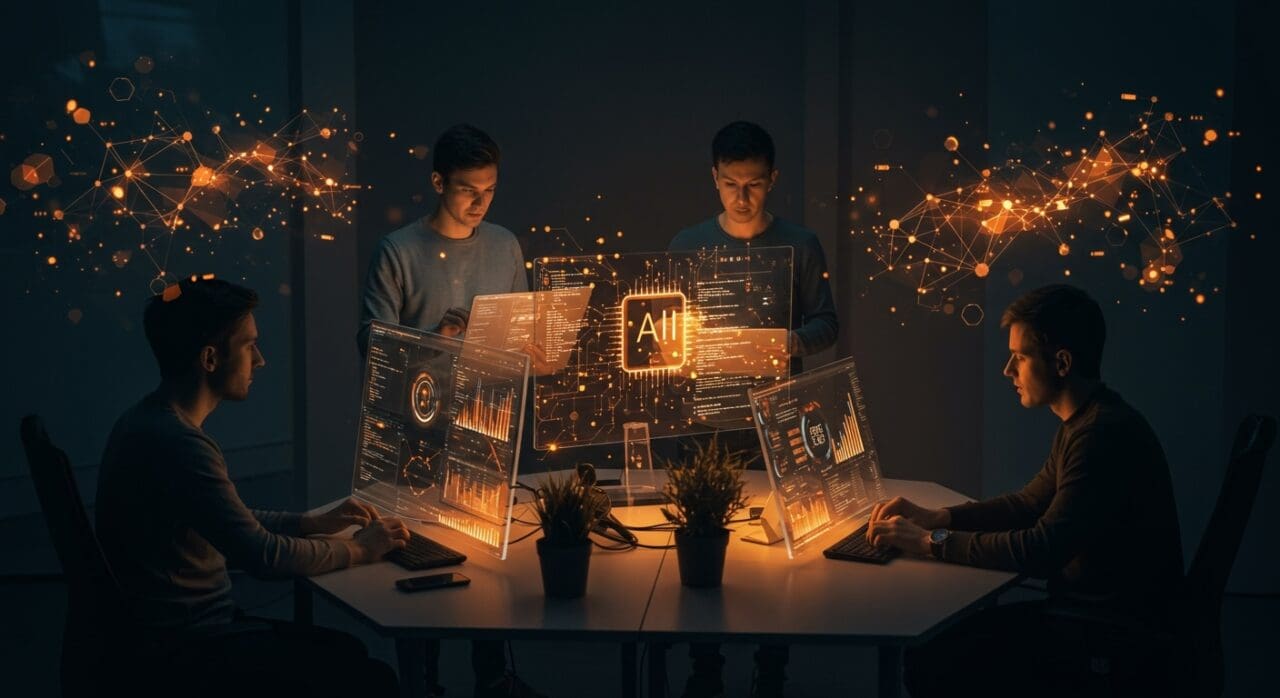 Equipo de desarrollo de software colaborando con inteligencia artificial, mostrando impacto e innovación en programación.