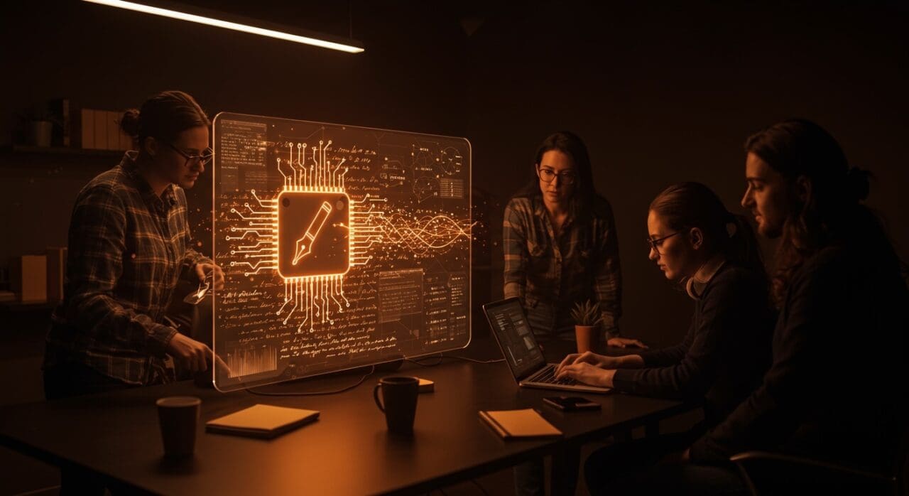 Colaboración de founders usando inteligencia artificial en la escritura creativa con interfaz digital futurista y metáforas tecnológicas.