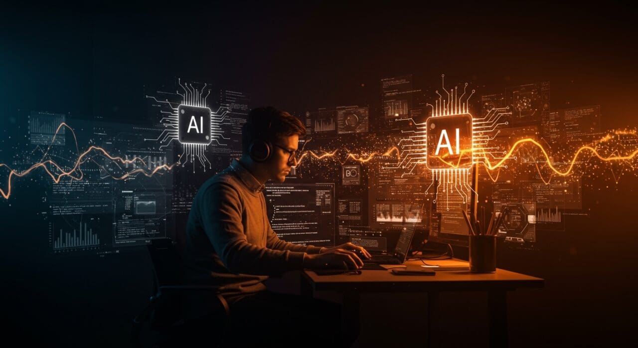 Programador trabajando con inteligencia artificial y hologramas de código, destacando la transformación en la programación y desarrollo de software en startups tecnológicas.