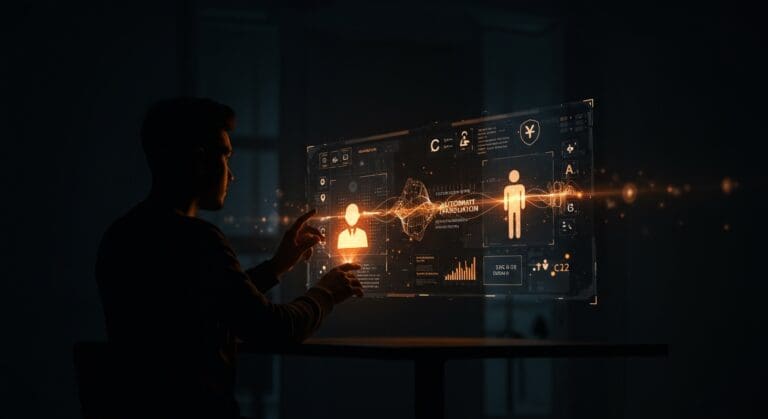 Inteligencia artificial aplicada a la traducción automática mostrando la interacción entre humanos y tecnología en un entorno digital futurista.