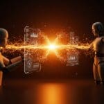 Interacción colaborativa entre humano e inteligencia artificial en tiempo real, representando la IA aplicada con intelition en startups.