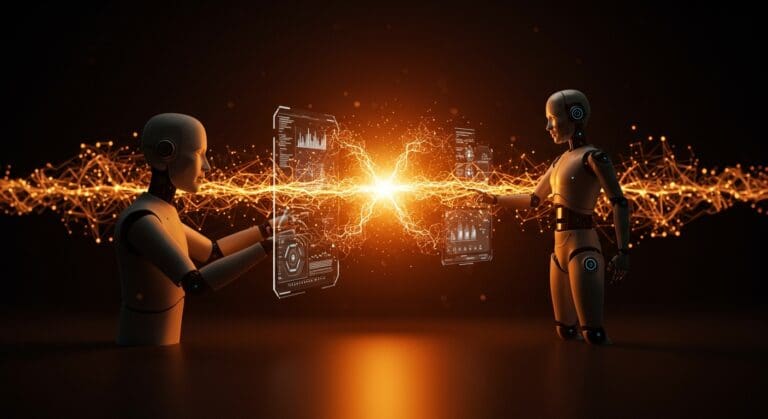 Interacción colaborativa entre humano e inteligencia artificial en tiempo real, representando la IA aplicada con intelition en startups.