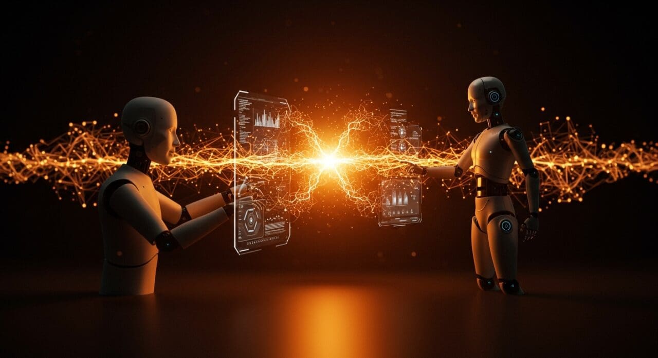 Interacción colaborativa entre humano e inteligencia artificial en tiempo real, representando la IA aplicada con intelition en startups.